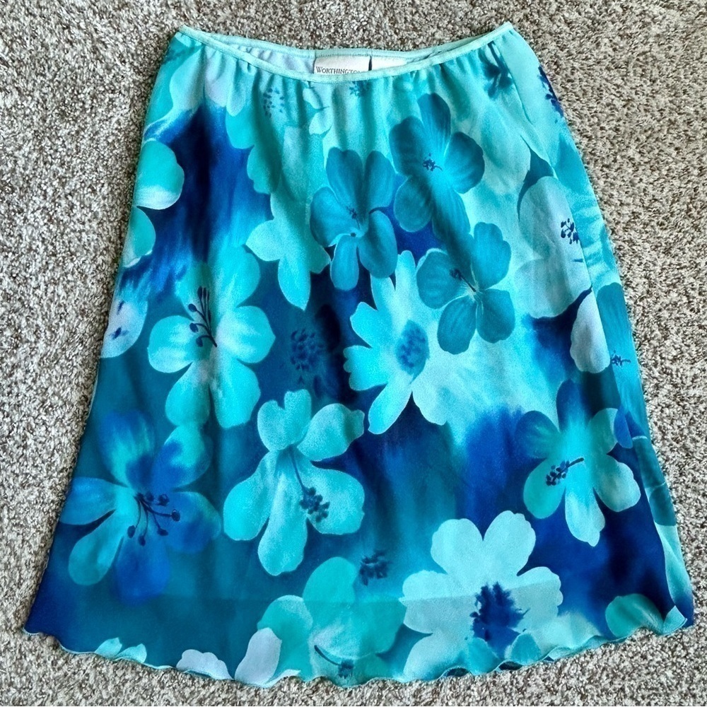 🦋 Worthington Petite Vintage Blue Turquoise Floral Midi Skirt 12 Petite Y2K 90s